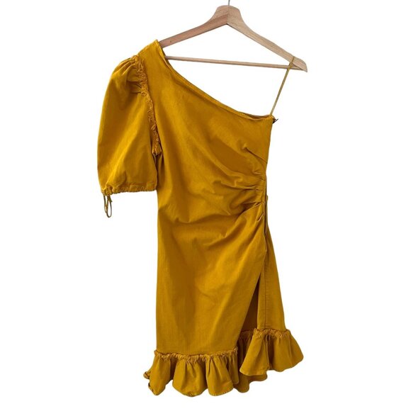 Jonathan Simkhai One Shoulder Denim Ruffle Mini Dress 10 Yellow Asymmetric‎ - Picture 14 of 16